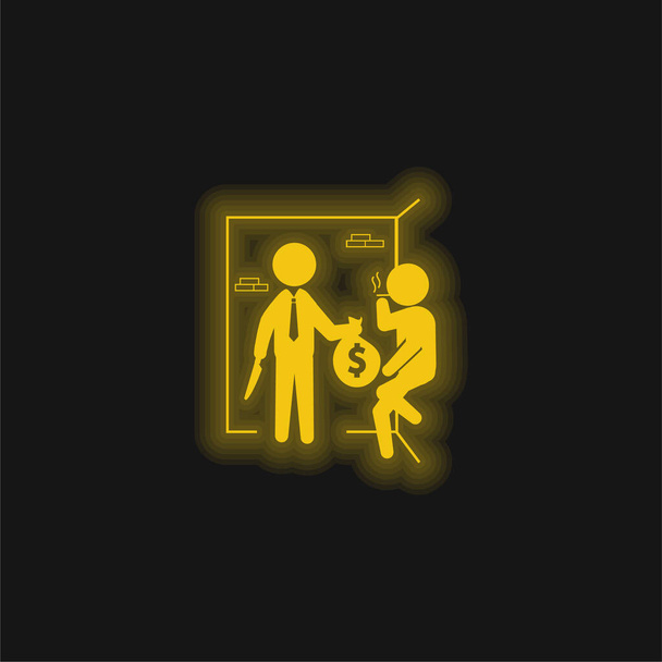 Criminels armés avec sac d'argent jaune brillant icône néon - Vecteur, image