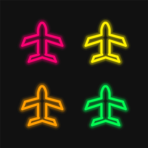 Airplane Outline Pointing Up four color glowing neon vector icon - Vector, Image