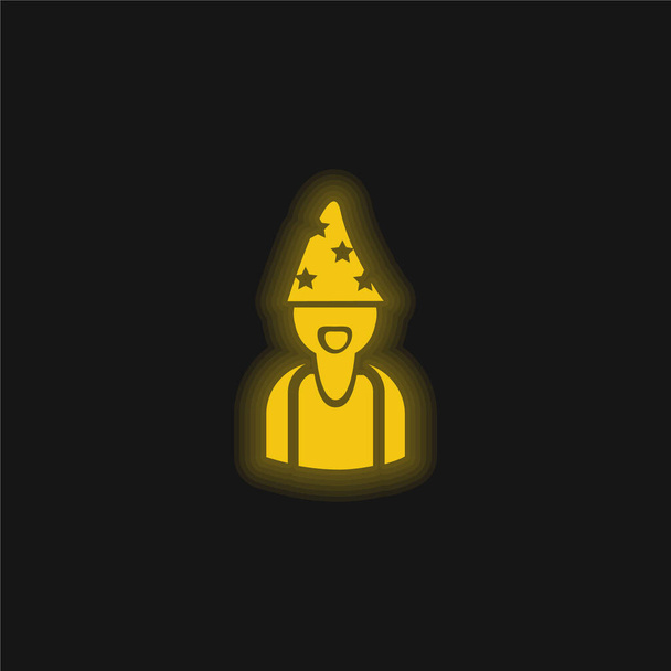 星と帽子を身に着けている占星術師黄色の輝くネオンアイコン - ベクター画像