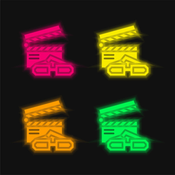 3D Movie négy szín izzó neon vektor ikon - Vektor, kép