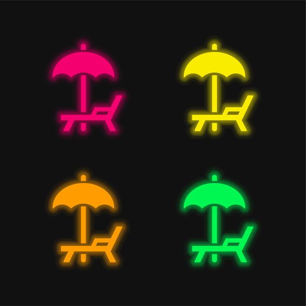 Strand esernyő és függőágy négy színű izzó neon vektor ikon - Vektor, kép