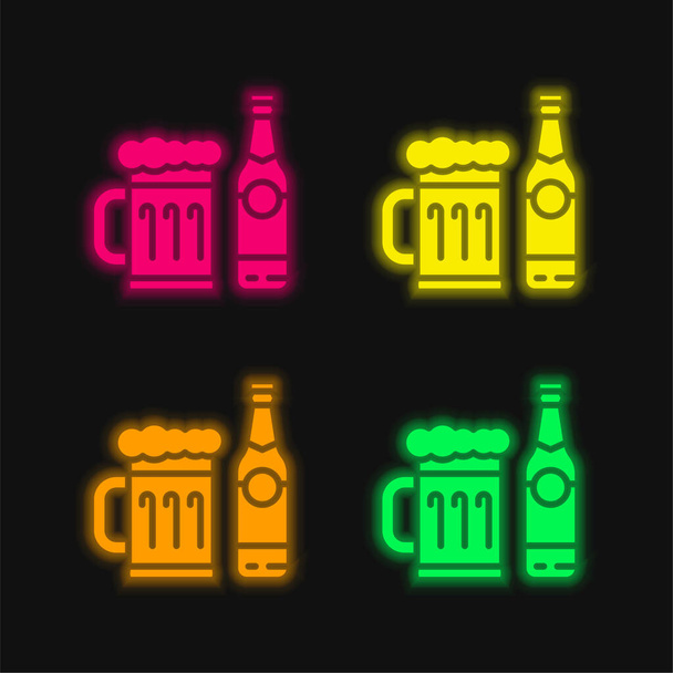 Bier vier Farben leuchtenden Neon-Vektor-Symbol - Vektor, Bild