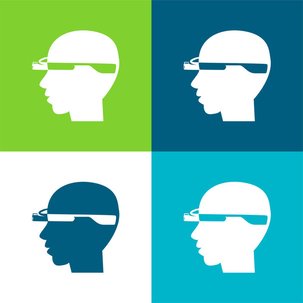 Kopasz Man Head Side A Google szemüveg Lapos négy szín minimális ikon készlet - Vektor, kép