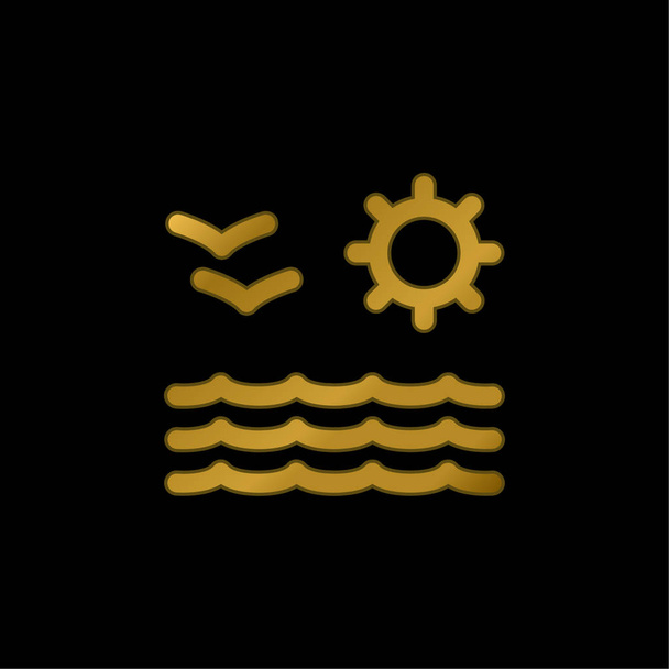 Vista sulla spiaggia di mare sole e gabbiani Coppia oro placcato icona metallica o logo vettore - Vettoriali, immagini