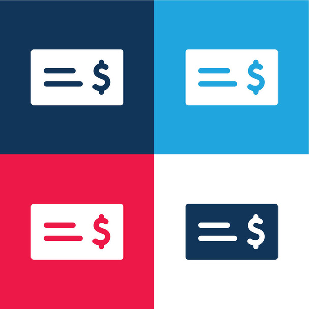 Bank Check blauw en rood vier kleuren minimale pictogram set - Vector, afbeelding