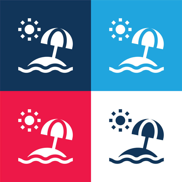 Пляжный синий и красный четыре цвета минимальный набор значков - Вектор,изображение