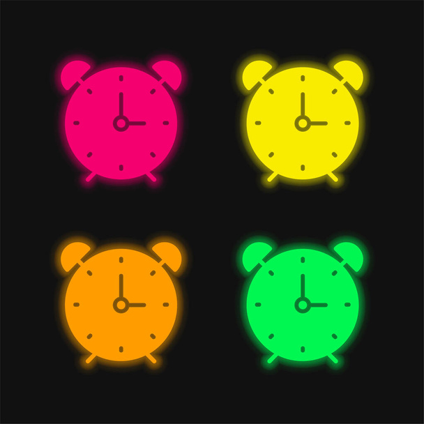 Reloj de alarma de cuatro colores brillante icono de vectores de neón - Vector, imagen