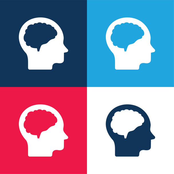 Brain And Head blauw en rood vier kleuren minimale pictogram set - Vector, afbeelding