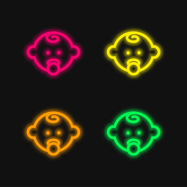 Babykopf Umriss mit Schnuller vier Farben leuchtenden Neon-Vektor-Symbol - Vektor, Bild