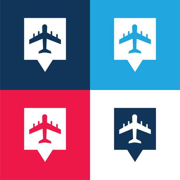 Airport Pin blauw en rood vier kleuren minimale pictogram set - Vector, afbeelding