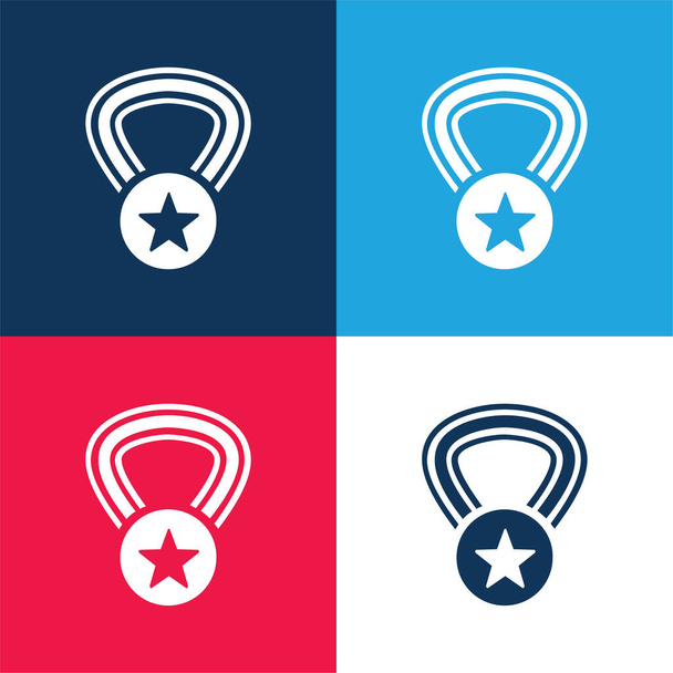 Award Medal With A Star On A Necklace blue and red four color minimal icon set - Vector, Image