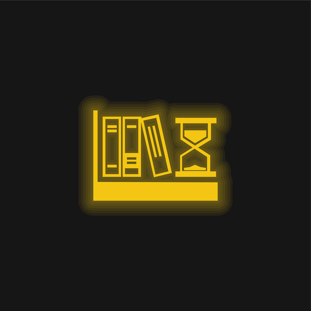 Books And Sand Clock yellow glowing neon icon - Vector, Image