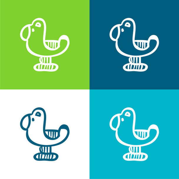 Uccello disegnato a mano giocattolo animale piatto quattro colori set icona minima - Vettoriali, immagini