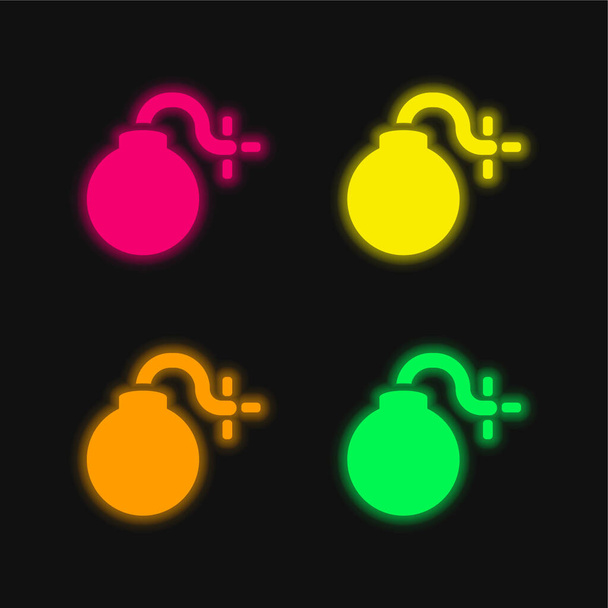 Bomba con fusible de combustión de cuatro colores brillante icono de vectores de neón - Vector, Imagen