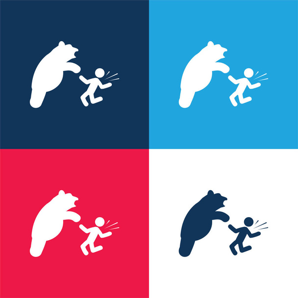 Медведь атакует синий и красный четыре цвета минимальный набор значков - Вектор,изображение