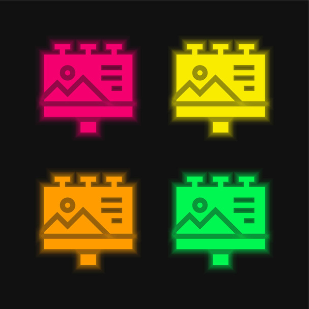 Plakatwand mit leuchtenden Neon-Vektorsymbolen in vier Farben - Vektor, Bild