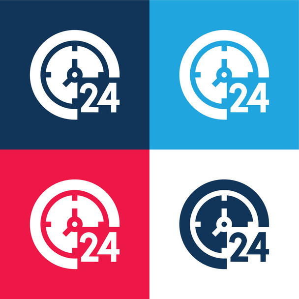 24 óra kék és piros négy szín minimális ikon készlet - Vektor, kép
