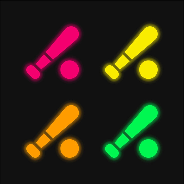 Bate de béisbol de cuatro colores brillante icono de vectores de neón - Vector, imagen