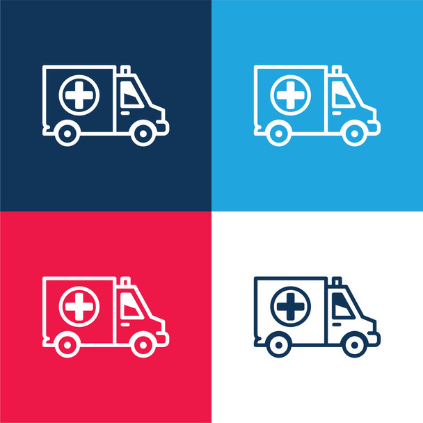 Big Ambulance blauw en rood vier kleuren minimale pictogram set - Vector, afbeelding