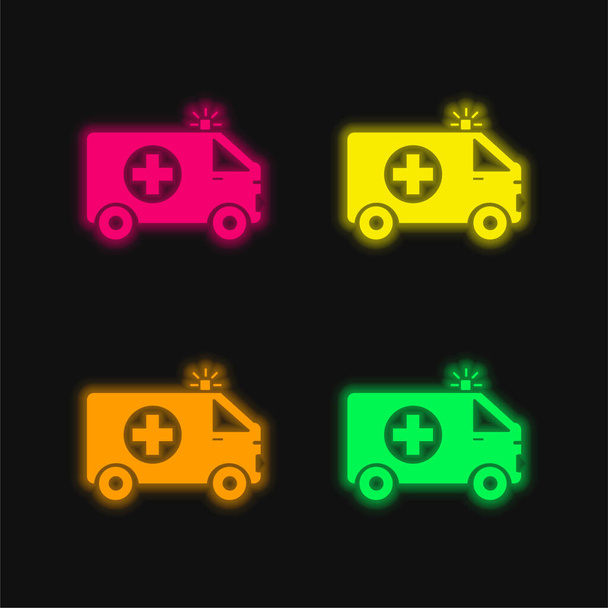 Ambulance With First Aid Sign four color glowing neon vector icon - Vector, Image