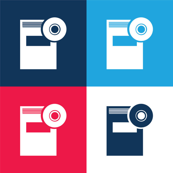 Libro y CD Herramientas de aprendizaje azul y rojo conjunto de iconos mínimo de cuatro colores - Vector, imagen