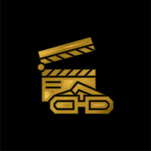 3d Movie gold plated metalic icon or logo vector - Vector, Image