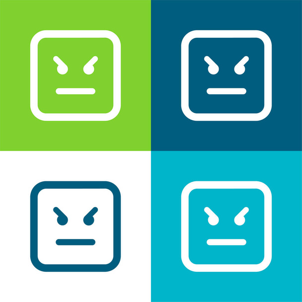 Emoticono enojado cara cuadrada plana de cuatro colores mínimo icono conjunto - Vector, imagen