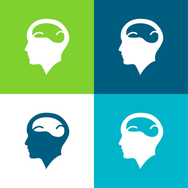 Лысый человек голова с плоским мозгом четыре цвета минимальный набор значков - Вектор,изображение