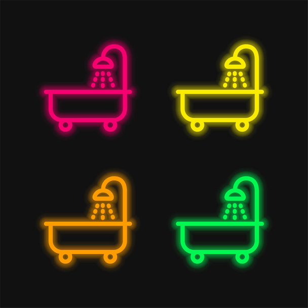 Fürdőszoba zuhanyzóval négy színű izzó neon vektor ikon - Vektor, kép