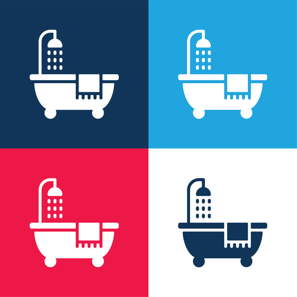 Cuarto de baño azul y rojo de cuatro colores mínimo icono conjunto - Vector, imagen