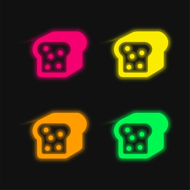 Chléb kus se semínky čtyři barvy zářící neonový vektor ikona - Vektor, obrázek