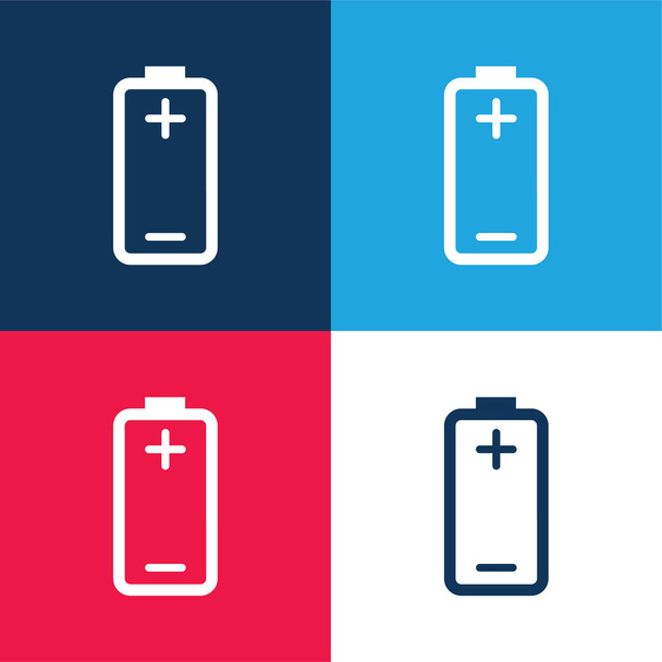 Батарея с плюс и минус признаки положительных и отрицательных полюсов синий и красный четыре цвета минимальный набор значков - Вектор,изображение