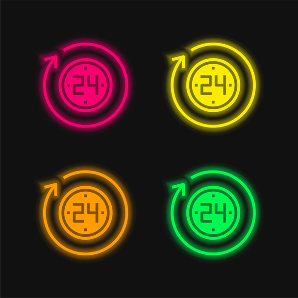 24 Horas de cuatro colores brillante icono de vectores de neón - Vector, Imagen