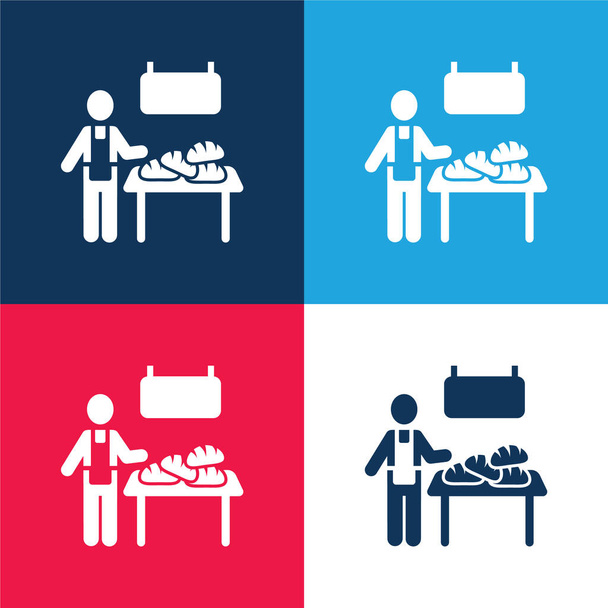 Proveedor de panadería azul y rojo conjunto de iconos mínimo de cuatro colores - Vector, Imagen