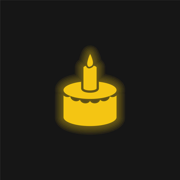 Bolo de aniversário com vela amarelo brilhante ícone de néon - Vetor, Imagem