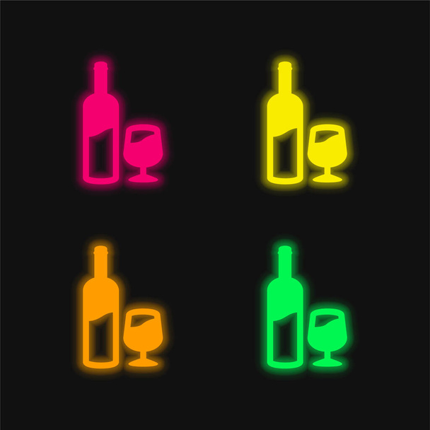 Bouteille et verre de vin quatre couleur brillant vecteur néon icône - Vecteur, image