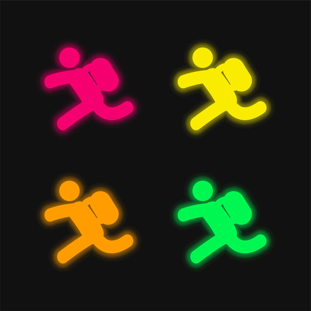 Backpacker Ejecución de cuatro colores brillante icono de vectores de neón - Vector, Imagen