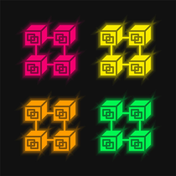 Blockchain vier kleuren gloeiende neon vector pictogram - Vector, afbeelding