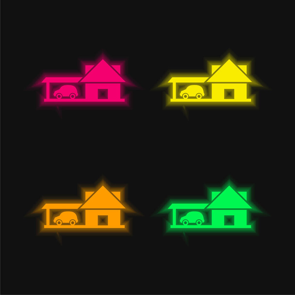 Μεγάλο σπίτι με γκαράζ αυτοκινήτων τέσσερα χρώμα λαμπερό νέον διάνυσμα εικονίδιο - Διάνυσμα, εικόνα