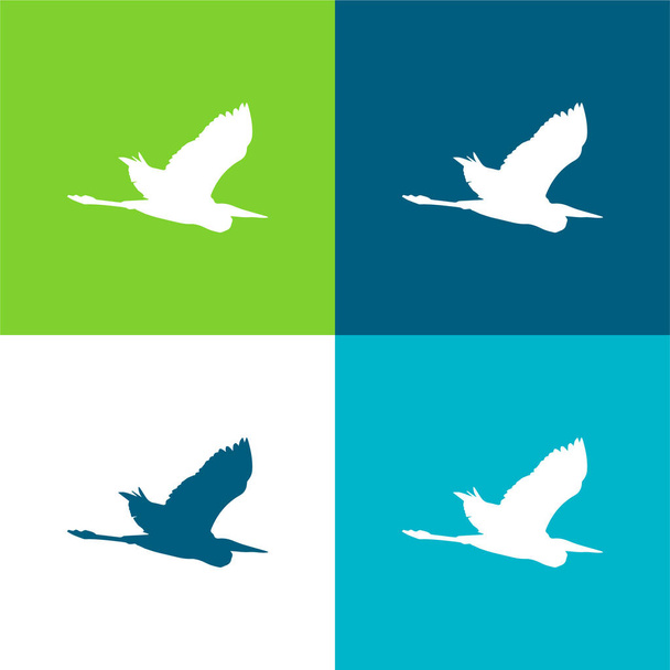 Птица Цапля Летающая Форма Плоская Четыре цвета минимальный набор значков - Вектор,изображение