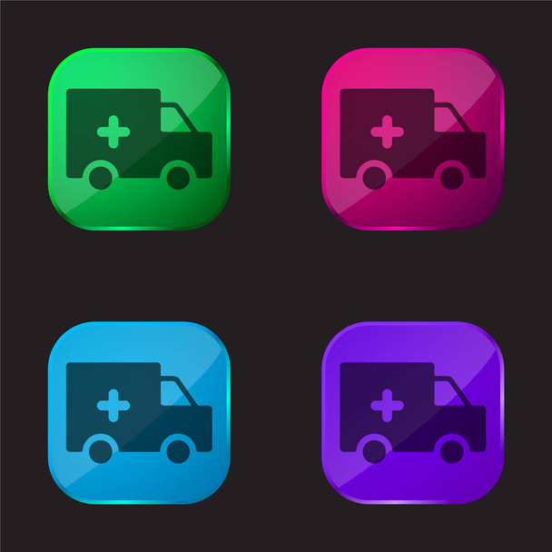 Silueta de ambulancia icono de botón de cristal de cuatro colores - Vector, Imagen