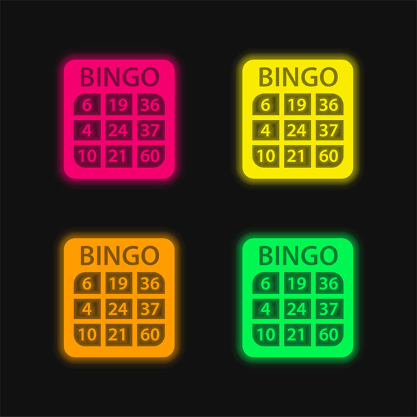Bingo τεσσάρων χρωμάτων λαμπερό εικονίδιο διάνυσμα νέον - Διάνυσμα, εικόνα
