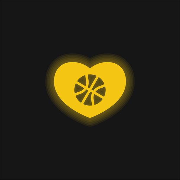 Pallone da basket in un cuore giallo icona al neon incandescente - Vettoriali, immagini