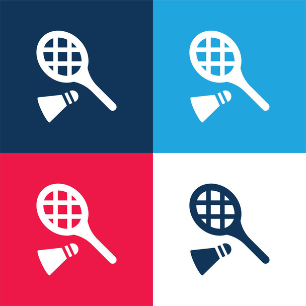 Badminton raketa a peří modrá a červená čtyři barvy minimální ikona nastavena - Vektor, obrázek