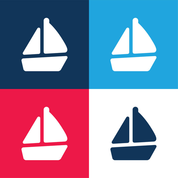 Βάρκα μπλε και κόκκινο τεσσάρων χρωμάτων ελάχιστο σύνολο εικονιδίων - Διάνυσμα, εικόνα