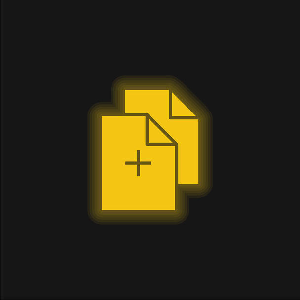 Documenten toevoegen geel gloeiend neon pictogram - Vector, afbeelding