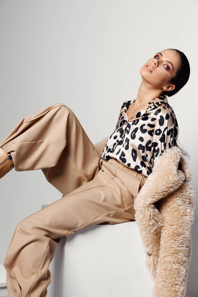 pretty woman bright makeup leopard shirt studio fashion - Photo, Image