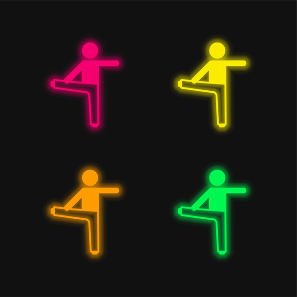 Ragazzo che allunga la gamba destra e il braccio sinistro icona vettoriale al neon incandescente a quattro colori - Vettoriali, immagini