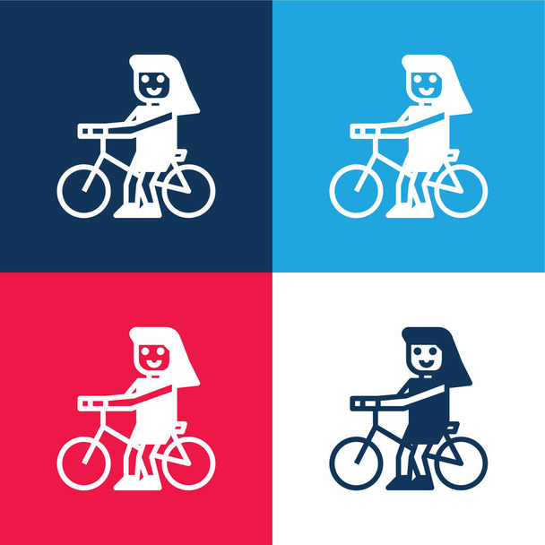Bicicleta azul e vermelho quatro cores conjunto de ícones mínimos - Vetor, Imagem