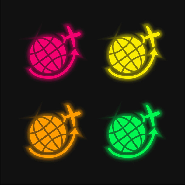 Airplane Flying Around Earth Grid four color glowing neon vector icon - Vector, Image